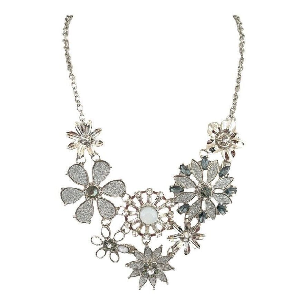 New Silver Tone Floral Statement Necklace Glitter Detail - 1U